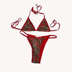 NWT Musera Cheetah and Cherry Print Triangle Bikini Top Small Bottom Medium